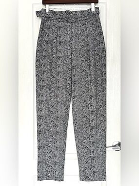 Karl Lagerfeld Paris Belted Tweed Trouser Pants Black White Chevron Size 6